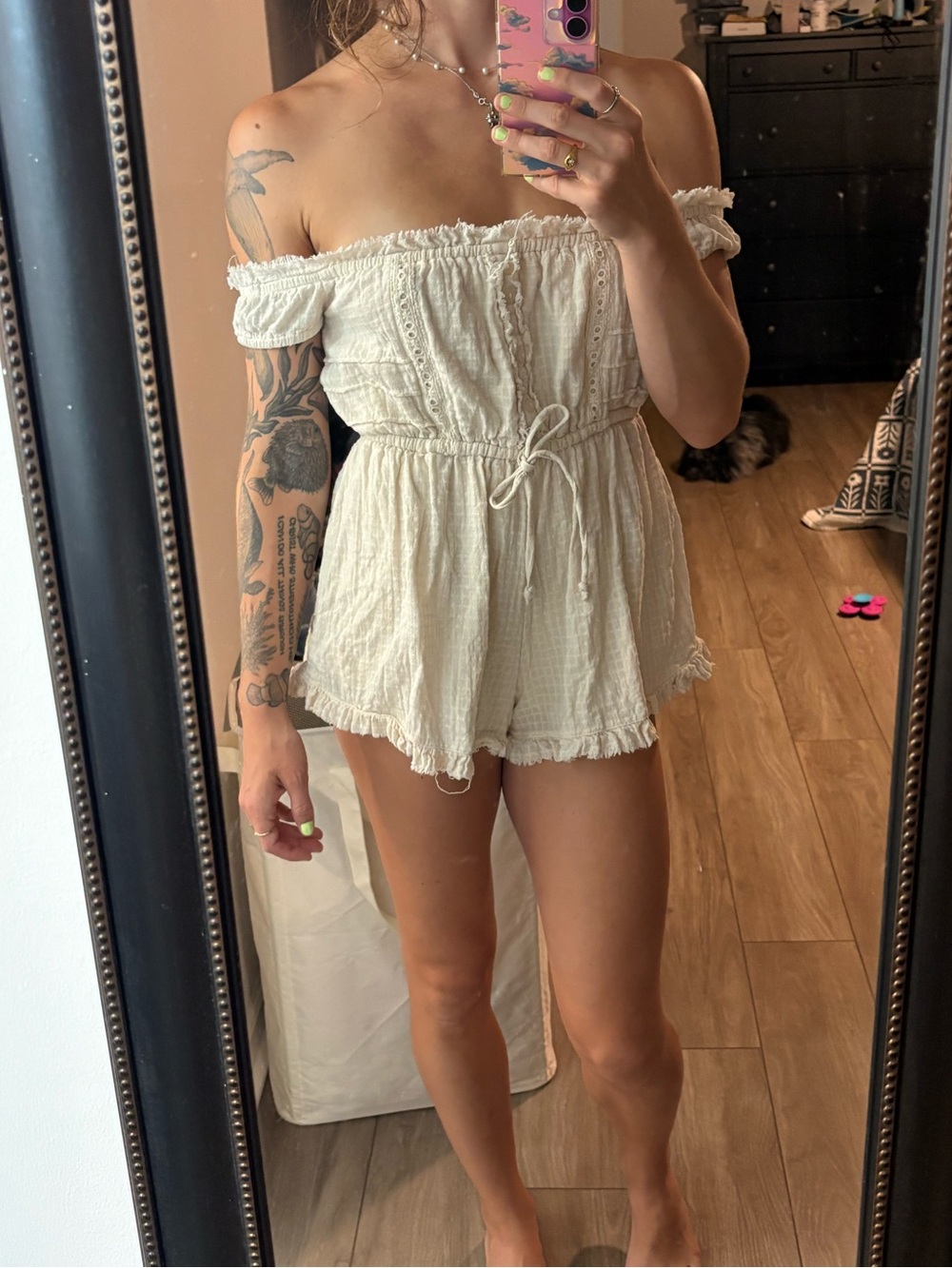Urban Outfitters Cream Off-Shoulder Romper